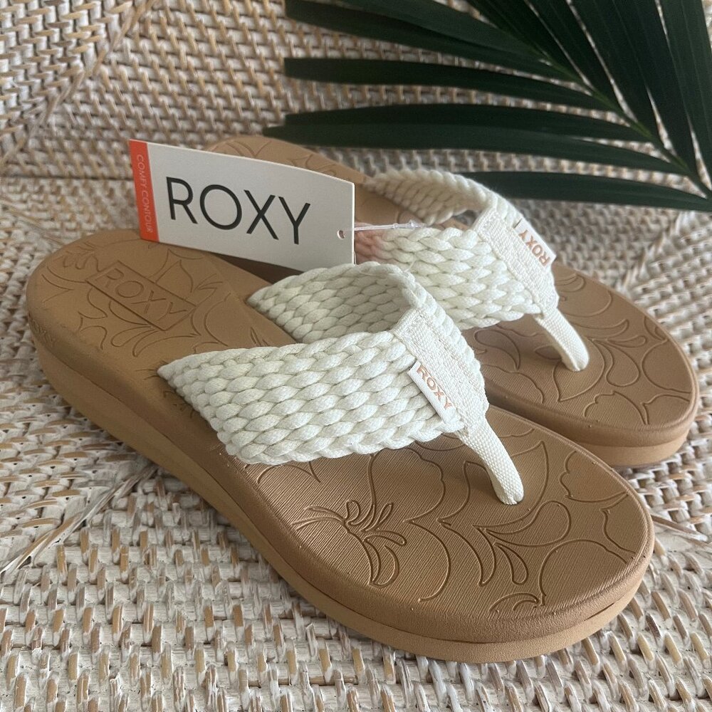 Roxy Caila Ivory/Cream Cotton Stretch Woven Flip Flop Platform Wedge Sandal 6